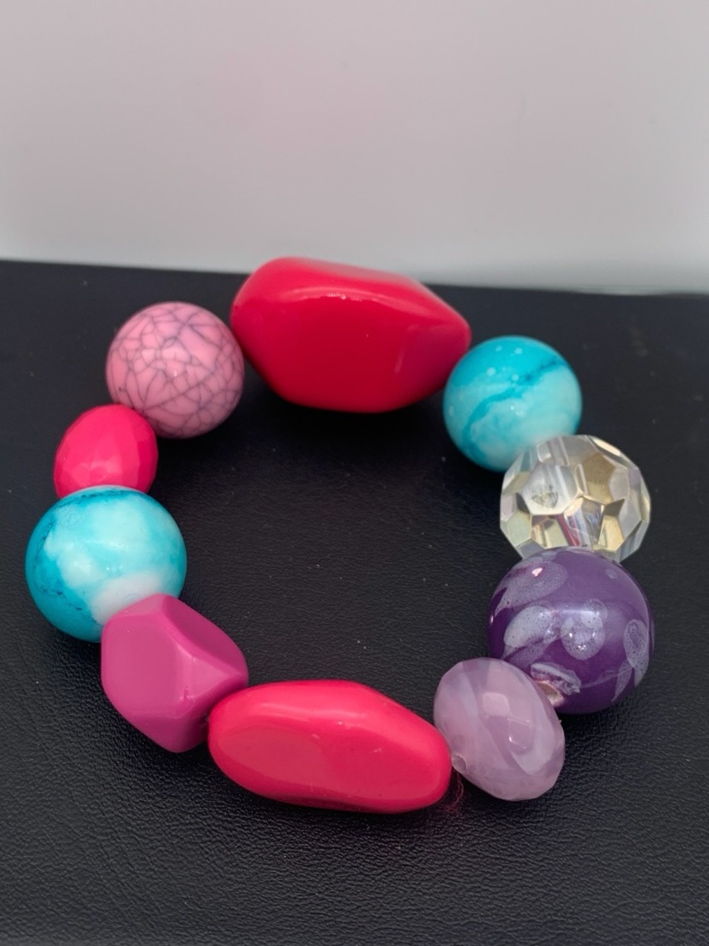 Chunky Multicolor Beaded Stretch Bracelet - Pink, Turquoise & Purple